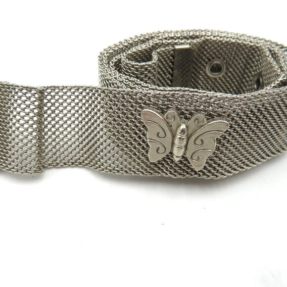 Silver Tone Mesh Belt Womens Size 33 Butterfly Medallions Metallic Buckle - Picture 2 of 8